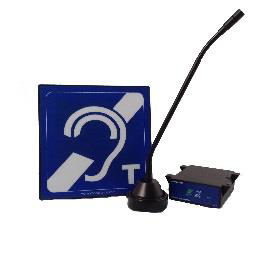 A square sign showing the ear and a T for T-coil. A microphone and device is next to signage.