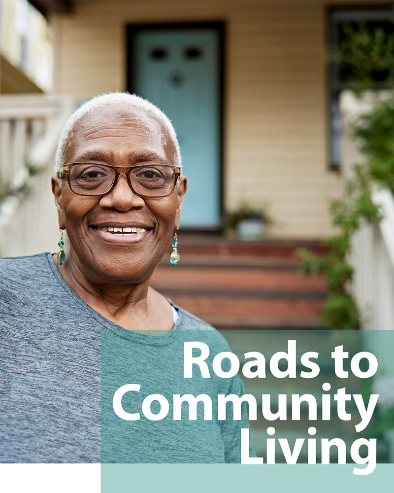 Thumbnail of the Roads to Community Brochure. A women smiling standing in front of a porch