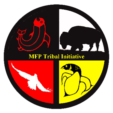 A medicine wheel divided into four quadrants with images symbolizing directions. The white quadrant in the north shows a buffalo. The red quadrant in the south features a bird of prey. The yellow quadrant in the east displays a loon. The black quadrant in the west includes a salmon.
