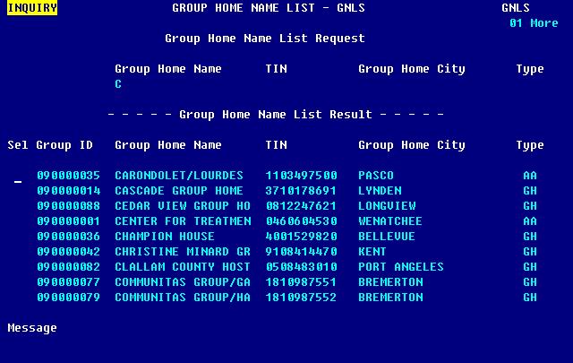 Group Home Name List screen image