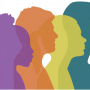 Dismantle Poverty image of four faces in purple-orange-yellow-teal silhouette