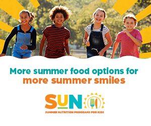 Photo of four children smiling and running toward the camera. Text: More summer food options for more summer smiles. SUN logo